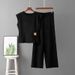 Women's Fashionable Commuter Two Piece Set Sleeveless Knitted Top with Slit And Copper Buttons Wide Leg Pants Summer New Cross Border Wide Leg Pants Set_ecoleips.com