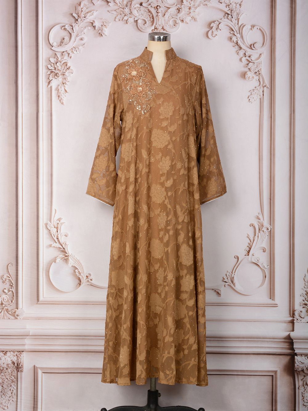 Modest Abaya Dress Elegant Beaded Abaya Dress – Modest Evening Gown For Dubai & Middle East (Beige/Brown, S-XXL)_ecoleips.com