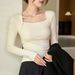2025 #Superior Choice # Temperament Shoulder Square Neck T-Shirt Women's Long Sleeve 2025 Autumn New Tight Bottom Shirt Top_ecoleips.com