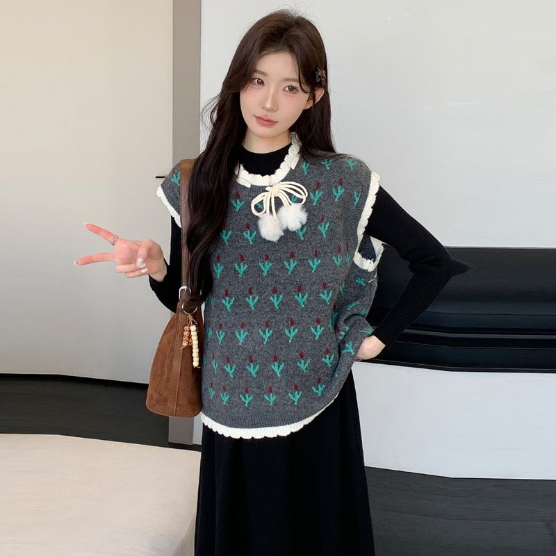 Autumn Winter New Korean Fashion Jacquard Vest 2-Piece Set Maternity Dress_ecoleips.com