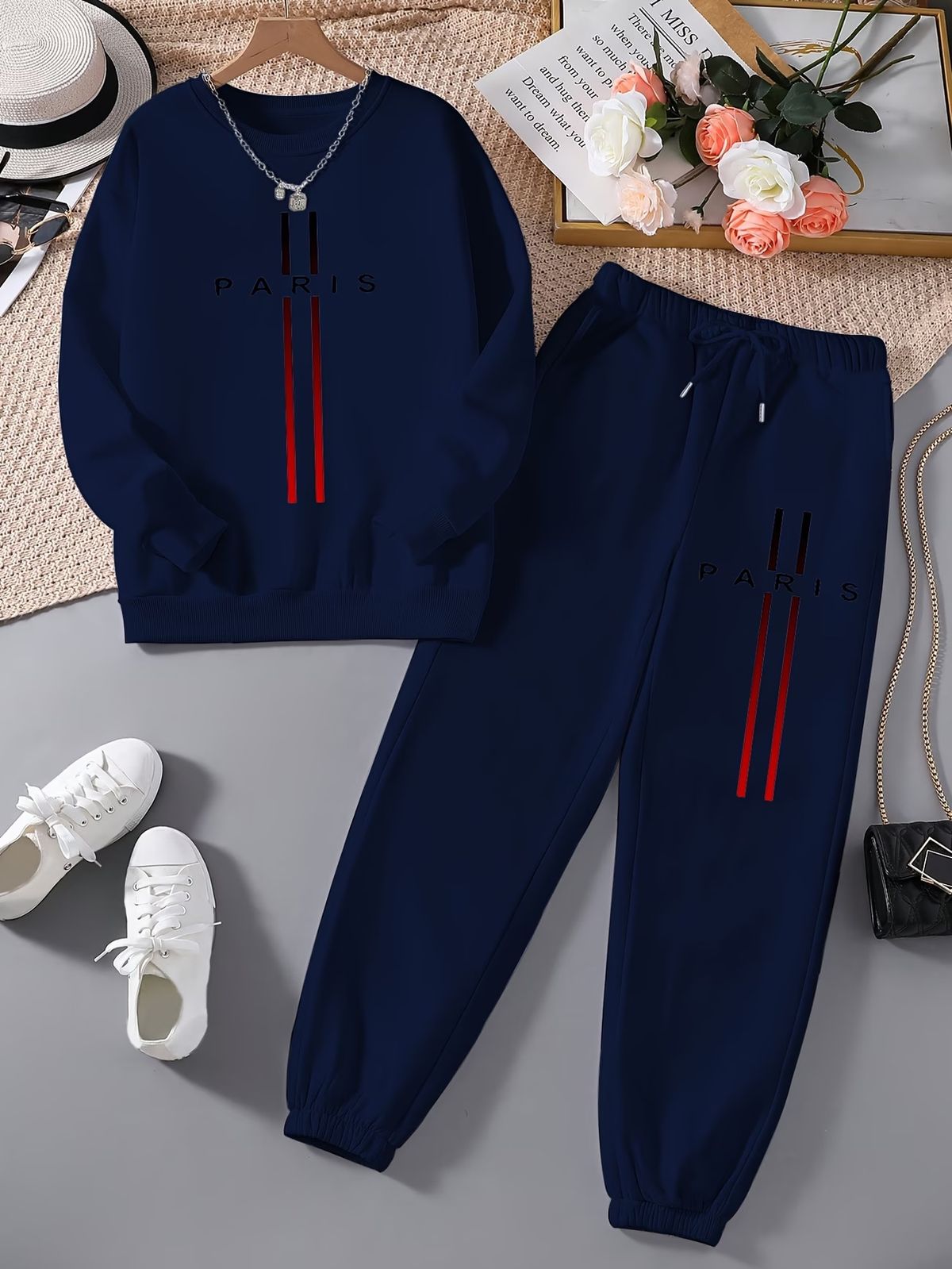 Women's Paris Letter Print Two Piece Set Red Striped Loose Sweatshirt And Pants Autumn Winter Fashion 0019_ecoleips.com