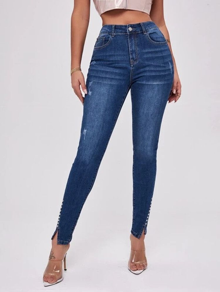 Women's Clothing Split Beaded Stitching Slim High Waist Stretch Jeans Women's Trousers_ecoleips.com