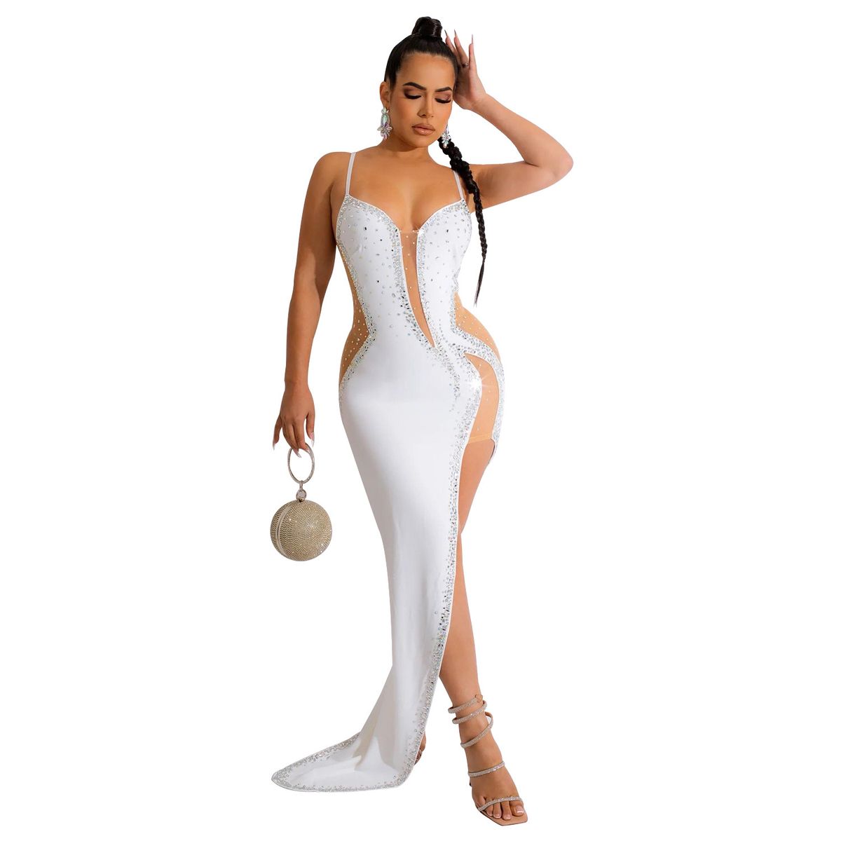 Women's Solid Color Long Skirt V Neck Sleeveless Shoulder Strap Diamond Detailing Dress For European And American Fashion C6039_ecoleips.com