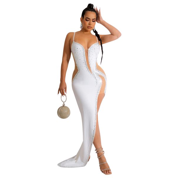 Women's Solid Color Long Skirt V Neck Sleeveless Shoulder Strap Diamond Detailing Dress For European And American Fashion C6039_ecoleips.com