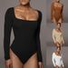 Women's Clothing Women's Knitted Long Sleeved Square Neck T Shirt Solid Color Jumpsuit_ecoleips.com