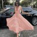 K New Pure Color Sexy Deep V Cutout Neckline Bodice Dress With Flared Skirt Women's Fashion_ecoleips.com