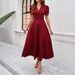 Elegant Plain High Waist V Neck Short Sleeve Dress Women Casual Daily Party Wear_ecoleips.com