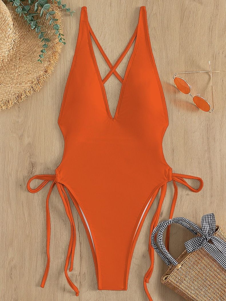 Women's Clothing Solid Color Lace V Neck Bikini New High Waist Triangle Beach Hot Spring One Piece Swimsuit_ecoleips.com
