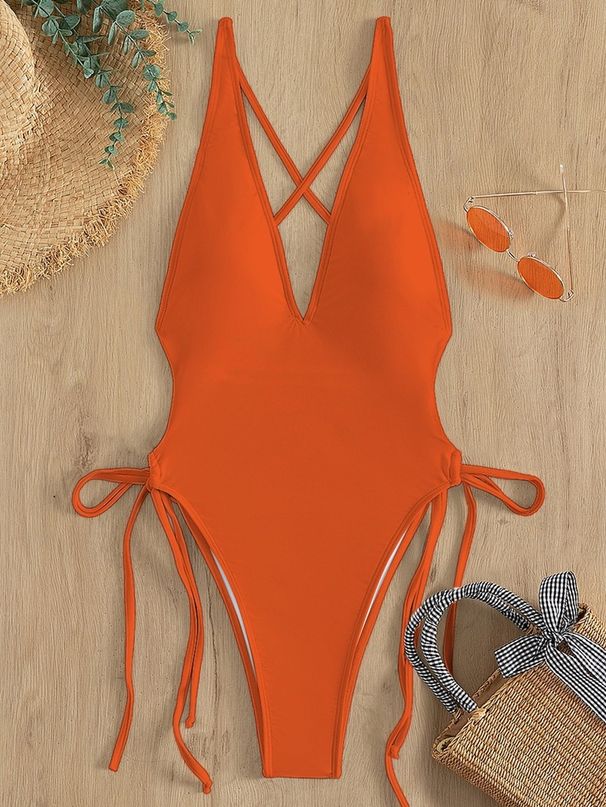 Women's Clothing Solid Color Lace V Neck Bikini New High Waist Triangle Beach Hot Spring One Piece Swimsuit_ecoleips.com