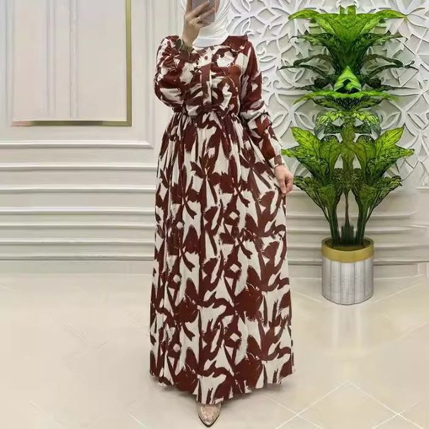 Elegant Long-Sleeve Maxi Dress With Graffiti Print – Modest Muslim Fashion, High Waist Office & Occasion Wear, Polyester Blend (S-XXL, Coffee Brown)_ecoleips.com
