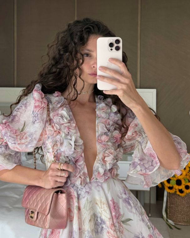 Vintage Print Floral Midi Dress Women V Neck Drawstring Tie Waist 3D Applique Decoration Casual Party Daily Elegant Dress_ecoleips.com