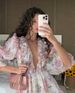 Vintage Print Floral Midi Dress Women V Neck Drawstring Tie Waist 3D Applique Decoration Casual Party Daily Elegant Dress_ecoleips.com