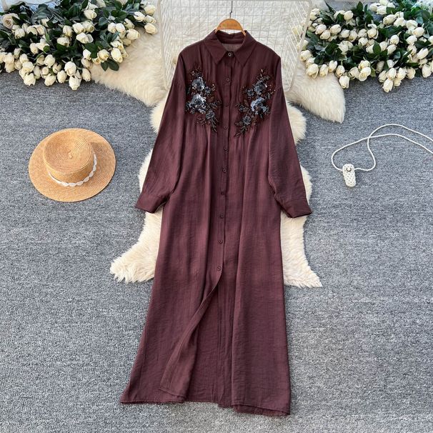 French-style Vintage Three-dimensional Floral Embroidery Red A-line For Women, Autumn Korean Version, Long-sleeved,_ecoleips.com