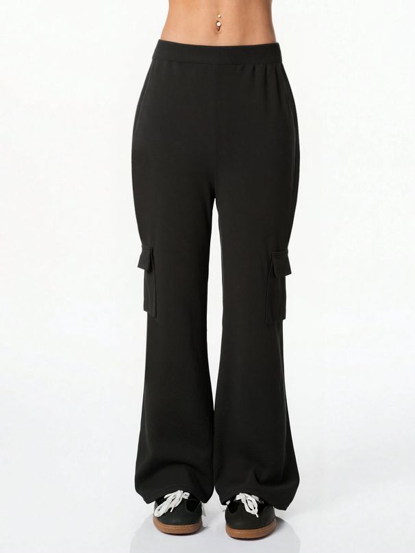 Voya Black Spring Autumn New Women's Pants, European And American Style, Elastic Waist, Side Pockets, Casual Fashion Flared_ecoleips.com