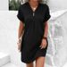 Women's Clothing V Neck Pullover Dress American Style Solid Color Casual Button Detail Comfortable Fit New_ecoleips.com