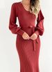 Women's Clothing Elegant Winter Knit Dress With Deep V-Neck & 3D Pattern - Slim Fit Long Sleeve High Waist Dress For Women (Deep Red/Bright Pink)_ecoleips.com