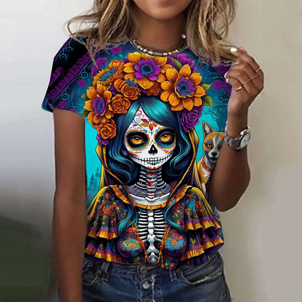 Mexican Day Of The Dead Women's T Shirt 3D Print Rose Catrina Goddess O-Neck Short Sleeve Tees Streetwear Y2k Clothing For Girls_ecoleips.com