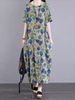 Cotton Short Sleeve Vintage Print Dresses For Women 2025 Summer Casual Loose Long Office Lady Dress Femme Robe Elegant Clothing_ecoleips.com