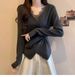 K Design Sense Lace Patchwork V-neck Long Sleeved T-shirt For Women's New Irregular Cross Base Shirt_ecoleips.com