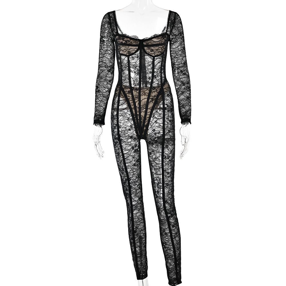 Women's Clothing Autumn New Lace Stitching Sexy Temptation Low Cut Jumpsuit Female Sexy Hot Girl See Through Trousers_ecoleips.com
