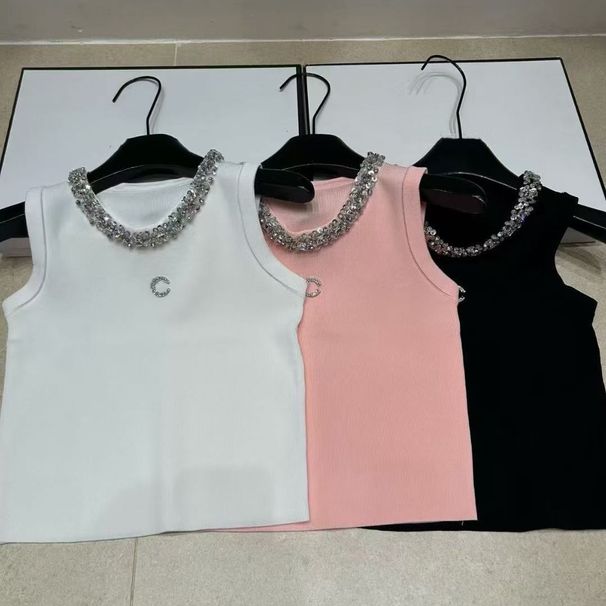 2026 Summer Elegant Short Knit Tank Top Women With Rhinestone Design, Slim Fit And Versatile, For A Socialite Look_ecoleips.com