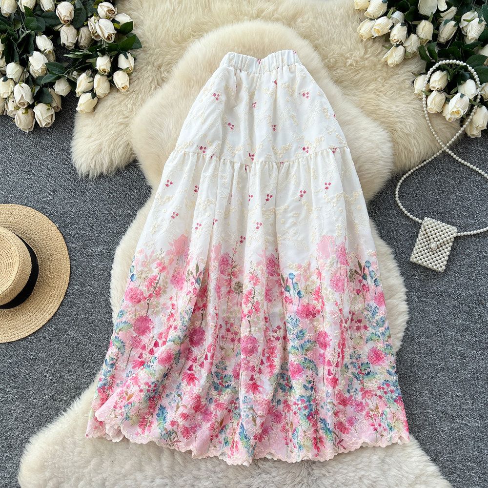 Women's Pastoral Style Floral Print A-Line Midi Skirt High Waisted Summer Unique Patchwork Design Versatile_ecoleips.com