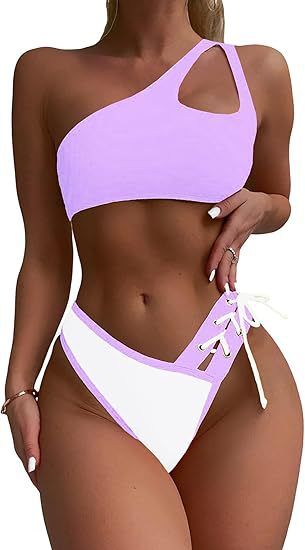 Women's Clothing Two Piece Set One Shoulder Tie Bikini_ecoleips.com