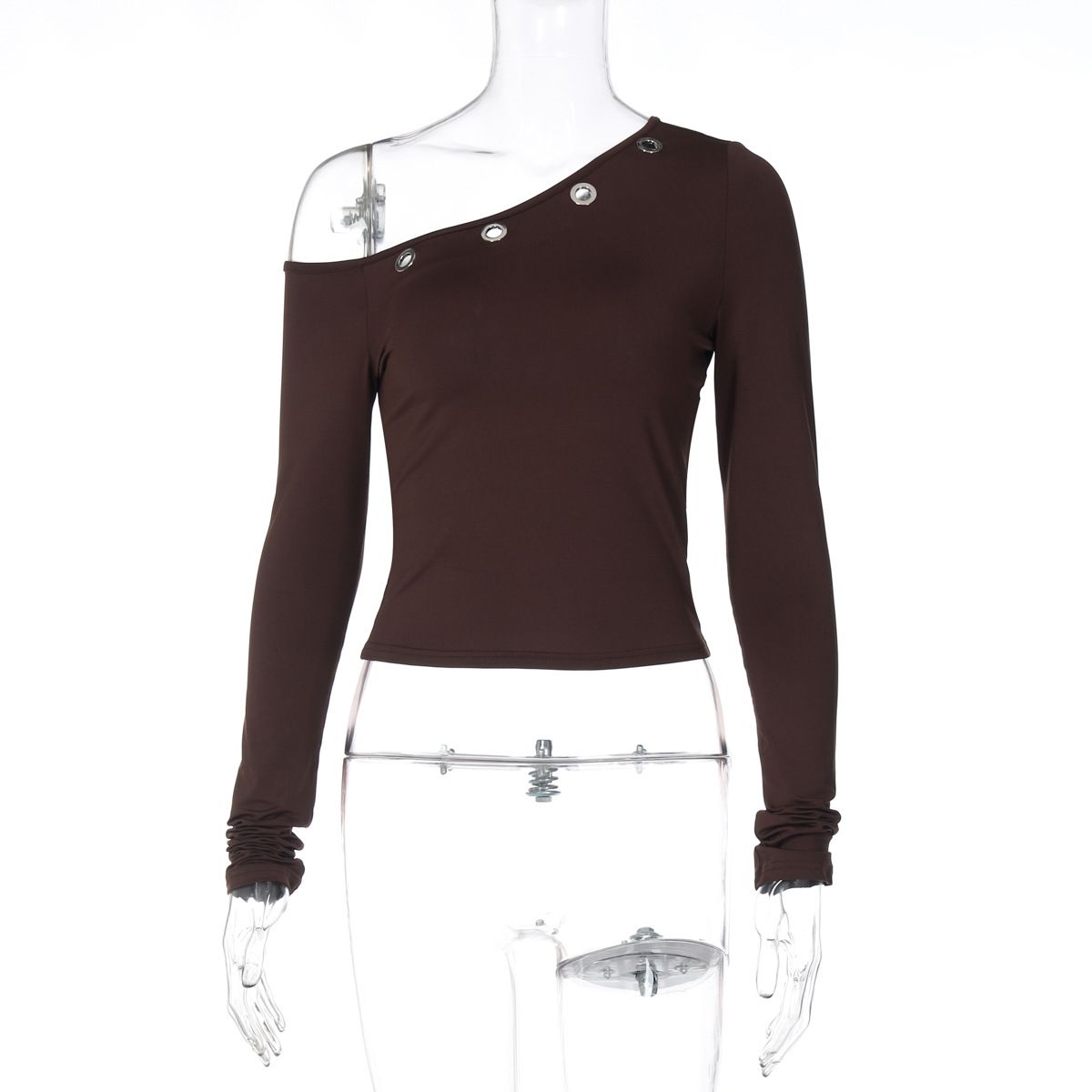 Stretchy Off-Shoulder Long Sleeve Crop Top Milk Silk Tee Grommet Detail Black Brown S to L_ecoleips.com