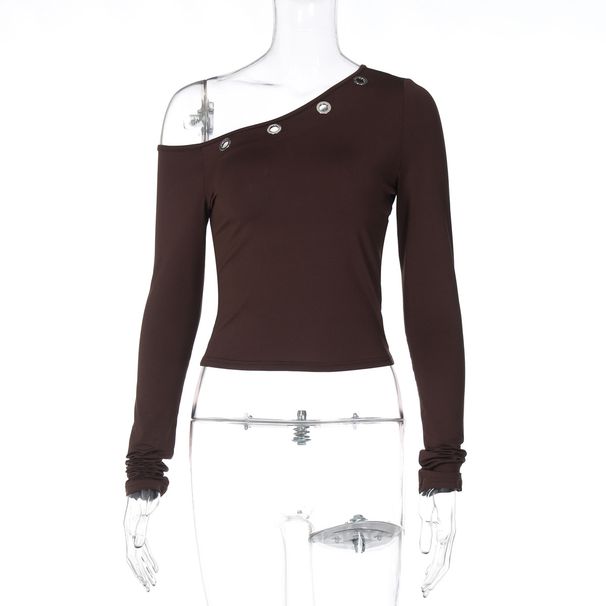Stretchy Off-Shoulder Long Sleeve Crop Top Milk Silk Tee Grommet Detail Black Brown S to L_ecoleips.com