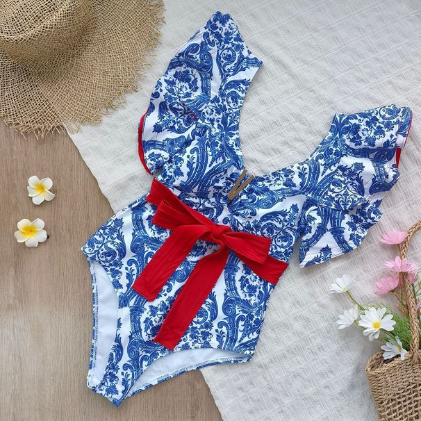 Women's Clothing New Heavy Duty Press Line Waistband One Piece Swimsuit Sexy Retro Print Ruffled Swimsuit_ecoleips.com