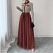 Women's Waist-Cinching Tie, Color-Blocking Women's Long-Sleeve Mesh Patchwork Dress_ecoleips.com