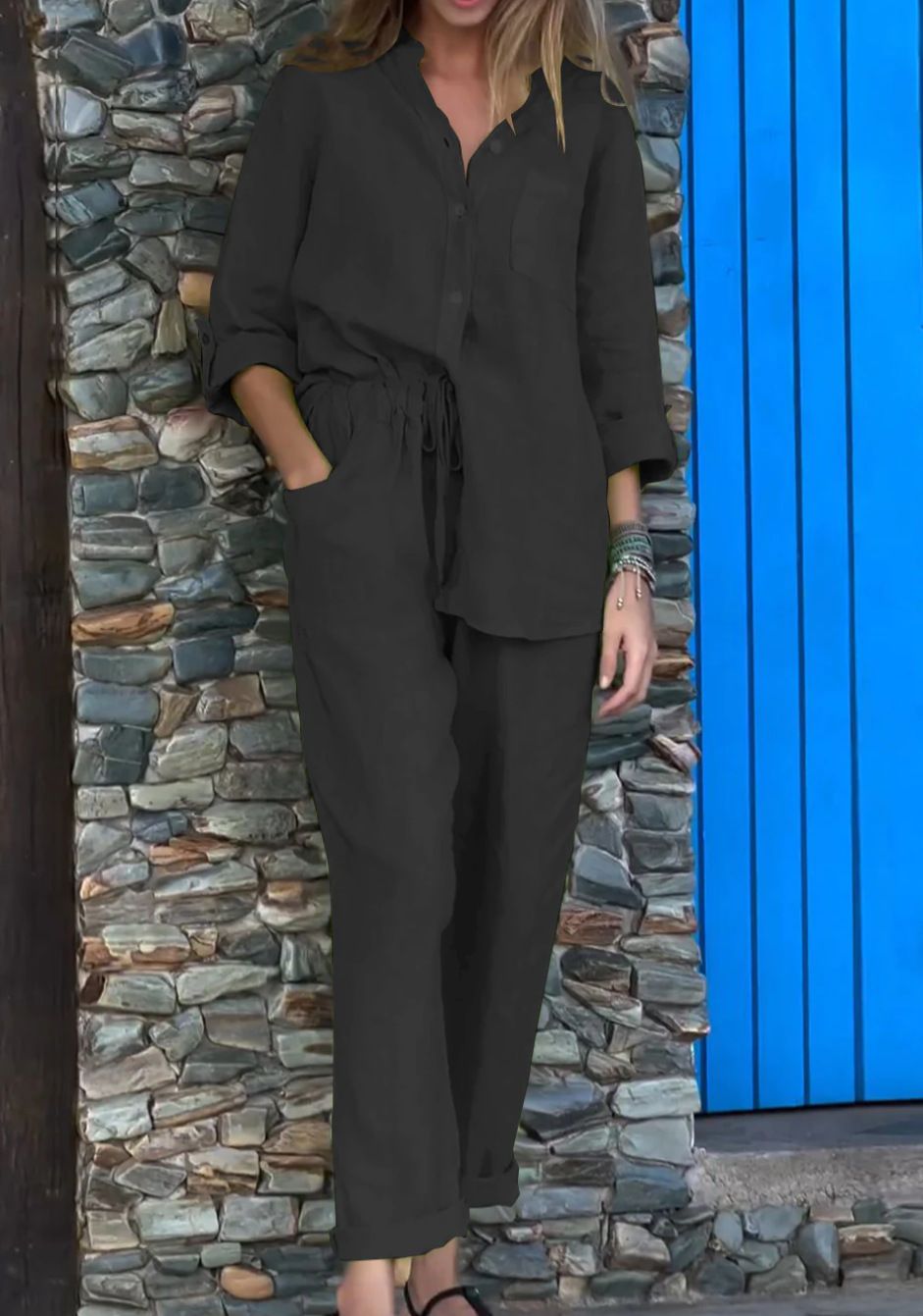 Women's Clothing 2-piece Plus Size Cotton And Linen Shirt Suit High Waist Loose Trousers_ecoleips.com