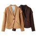 Cross-border European And American Women's Fashion Bestseller On : Stylish V-neck Suede Effect Single-breasted_ecoleips.com