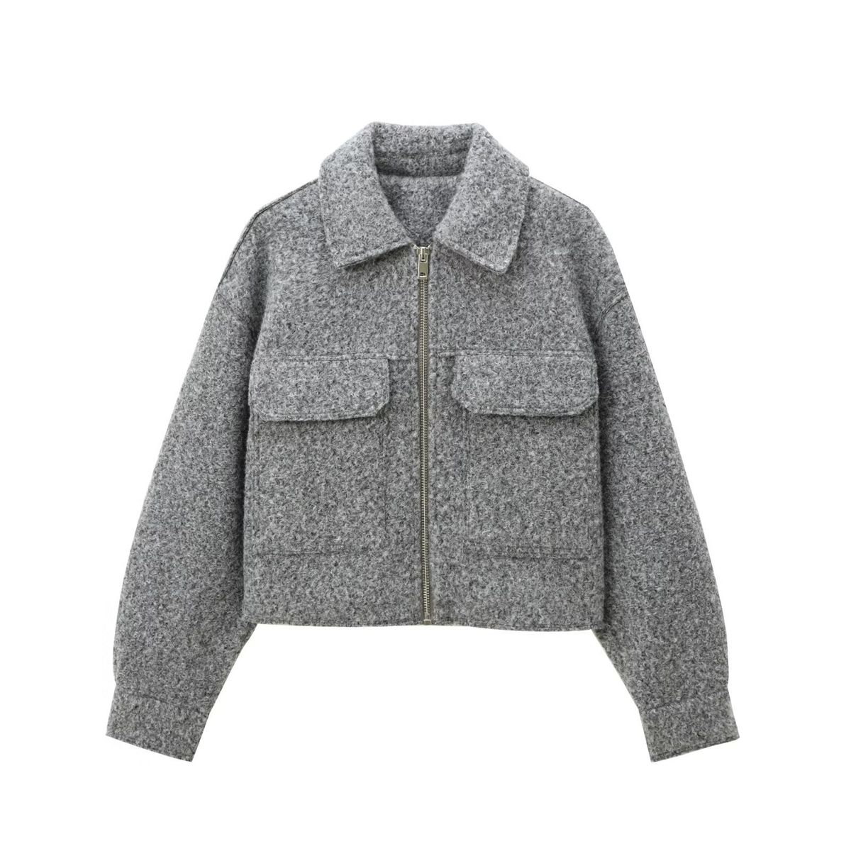 Women's Basic Long-Sleeve Cropped Jacket – Stand Collar, Zip-Up Casual Outerwear (Xs-L, Heather Grey)_ecoleips.com
