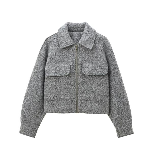 Women's Basic Long-Sleeve Cropped Jacket – Stand Collar, Zip-Up Casual Outerwear (Xs-L, Heather Grey)_ecoleips.com