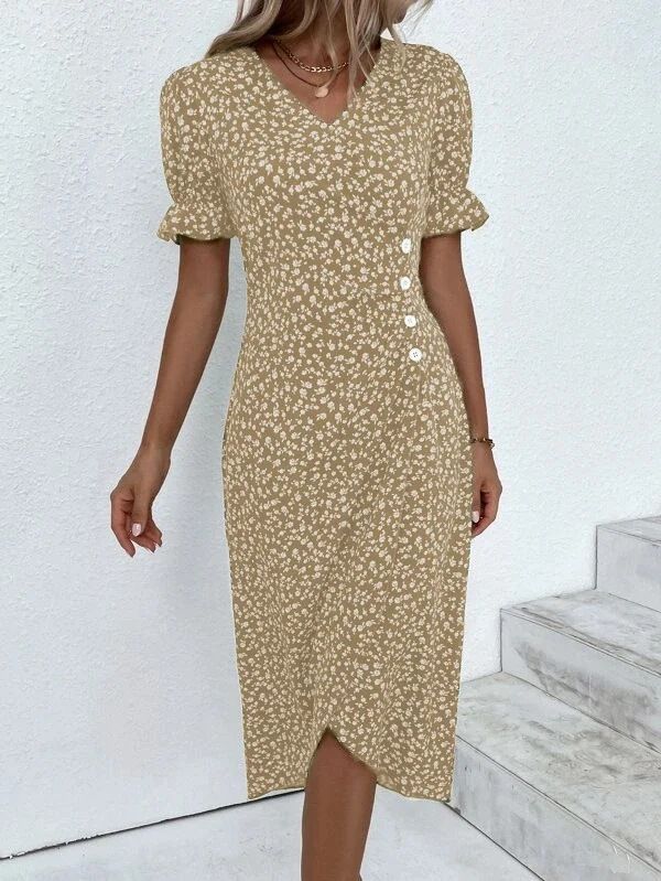 Geometric Print Puff Sleeve Asymmetrical Hem V-Neck Flowy Casual Midi Dress For Women Comfortable Loose Fit_ecoleips.com