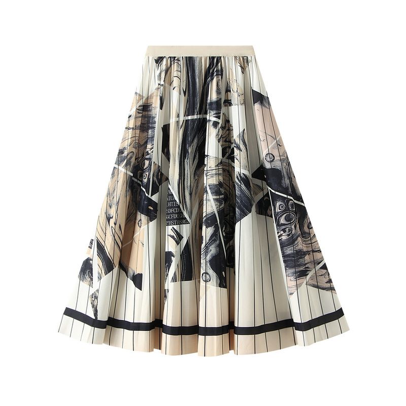 High-end Ink Wash Print Pleated Midi For Women 2025 Spring Summer New High Waist A-line Mid-length Skirt D2125_ecoleips.com