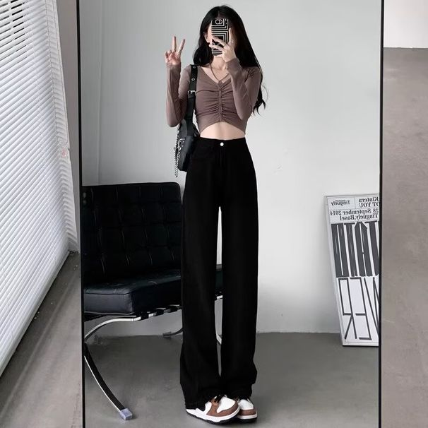 High Waist Straight Leg White Jeans For Women, Flowy Wide Leg Trousers, Stretchy Comfort Fit, Classic Denim Pants, Plus Size Available_ecoleips.com