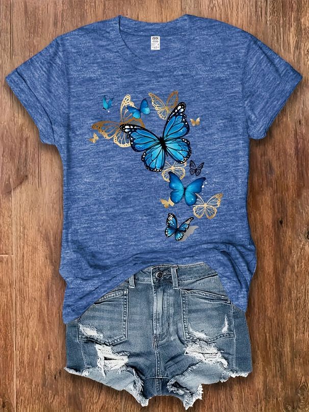Blue & Gold Butterfly Women's Tee - Delicate Graphic, Casual Blue Top_ecoleips.com