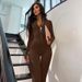 European Cross-Border Autumn Women's Clothing Solid Color Long Sleeve Zipper Waist Slimming Sports Yoga Jumpsuit_ecoleips.com