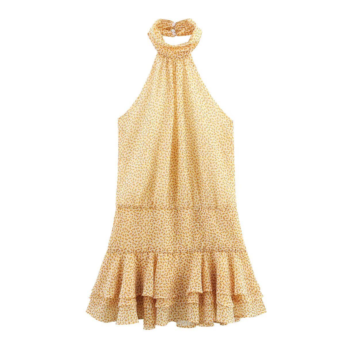 Women's Clothing Fashion Layered Halter Neck Print Dress_ecoleips.com