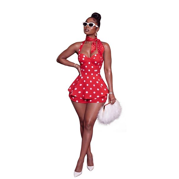 CY902416 Women's Polka Dot Halter Neck Jumpsuit, Backless Wide-Leg Short Romper For Summer Beach Party_ecoleips.com