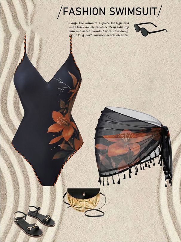 Women's Floral Print One Piece Swimsuit Tassel Wrap Skirt Beachwear Set Stylish Sexy Clothing_ecoleips.com
