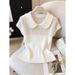 Women's French Style Knitted Top Soft Peter Pan Collar Hollow Design Short Sleeved Slimming Elegant Fashion Summer 2026_ecoleips.com