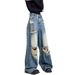 EDX Blue Ripped Jeans For Women, Summer American High Street Retro Floor-length Pants, Loose High-waisted Straight_ecoleips.com