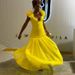 Verve Elegant Socialite Style Bright Yellow Deep V Puff Short Sleeve High Waist A-line Long Dress 2025 Summer New_ecoleips.com