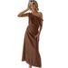 French Style Design Cotton Linen Brown Dress Spring And Summer One-Shoulder Cold-Shoulder Long Dress Women's Clothing_ecoleips.com