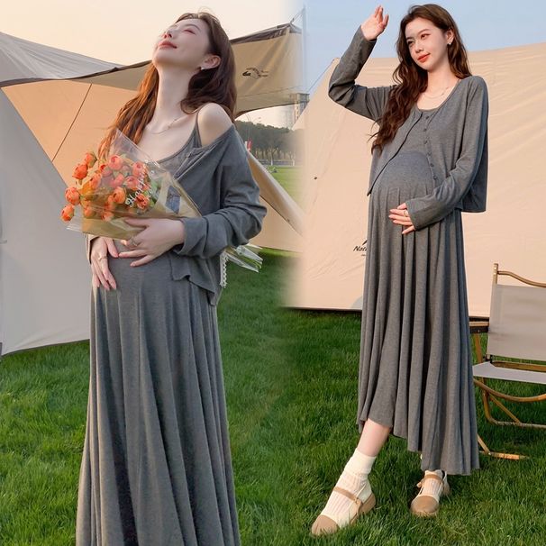 Autumn New Korean Fashion Maternity Dress With Straps + Cardigan Jacket Two-Piece Set For Pregnant Women_ecoleips.com