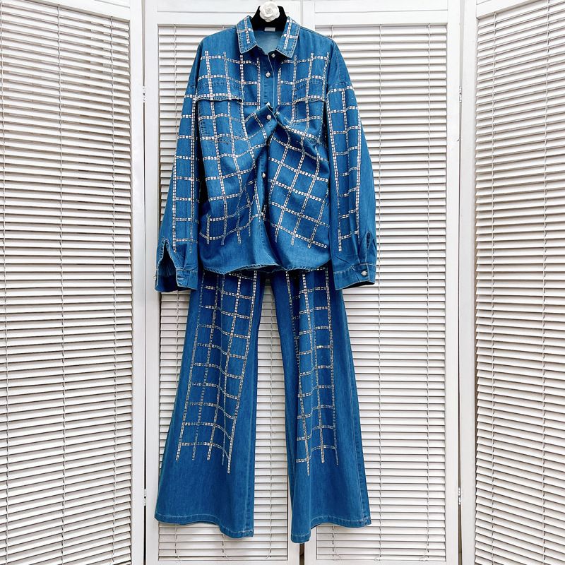 Women's Clothing design heavy diamond plaid denim shirt top loose hot diamond casual jeans suit_ecoleips.com