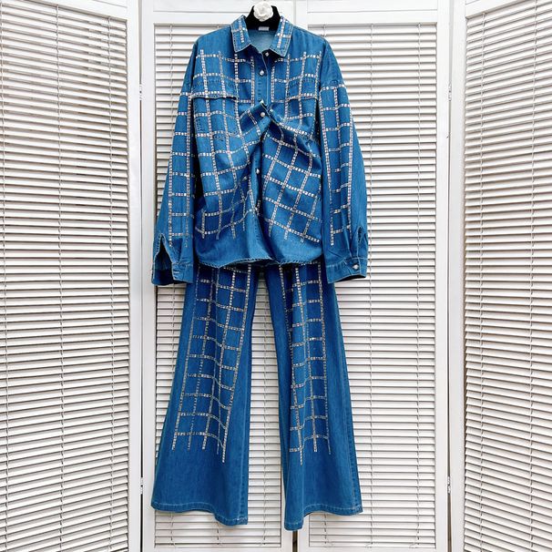 Women's Clothing design heavy diamond plaid denim shirt top loose hot diamond casual jeans suit_ecoleips.com